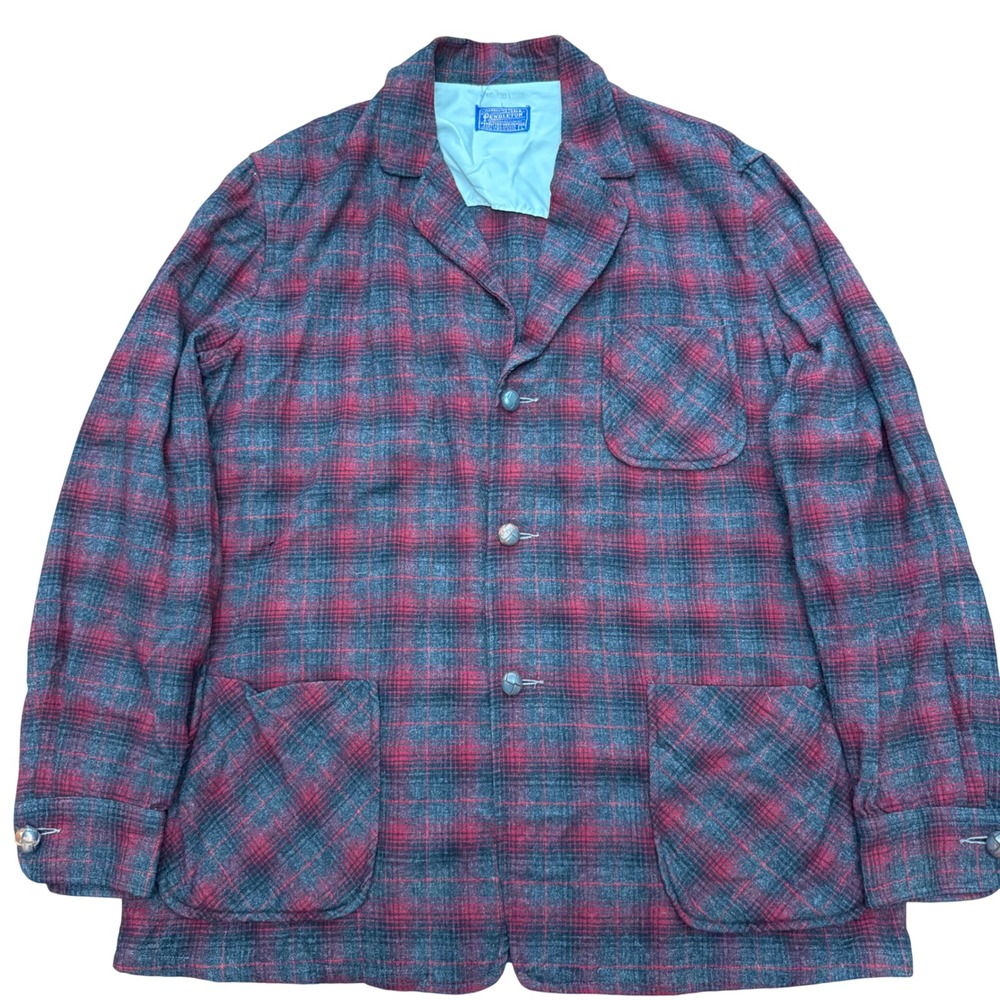 Pendleton Wool Chore Coat Mens L Red Grey Plaid Vintage 3-Button Patch Pockets